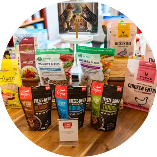 Feeding-Our-Pets-the-Best A wooden table lined with a selection of freeze-dried pet food available at a healthy dog food store in Washington DC.