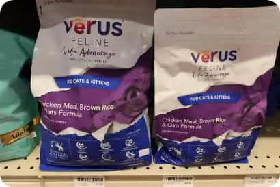 An aisle with Verus cat food available at Tilley's Pet Supplies, a healthy dry cat food store in Georgetown and Middleburg, VA.