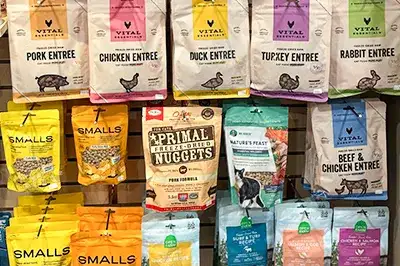 An aisle of the best freeze dried cat food available at Tilley's Pet Supplies, a holistic pet store Leesburg VA.