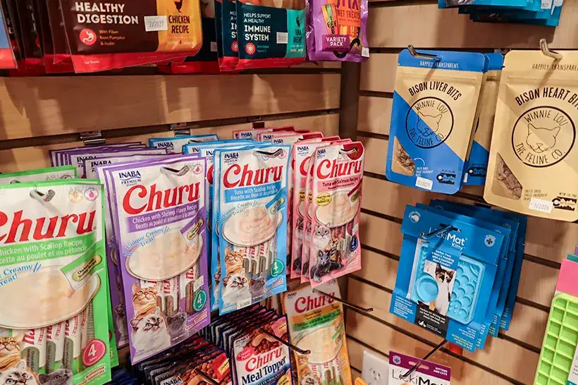 A row of churu cat treats that are available at Tilley's Pet Supplies, a locally owned pet store near Leesburg, Virginia.